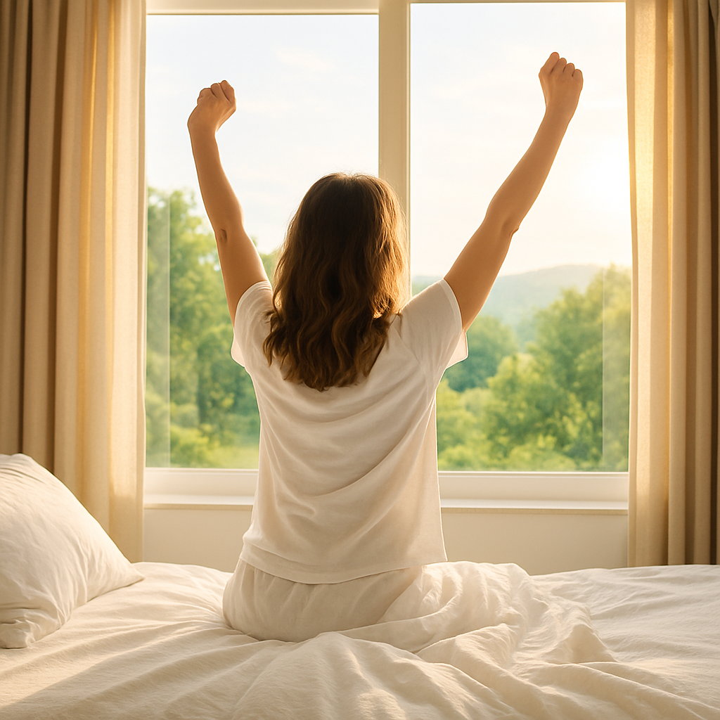 A woman waking up and stretching after a relaxing sleep sunshine coming through the windows as she looks out at nature clean white bedding and relaxin-1