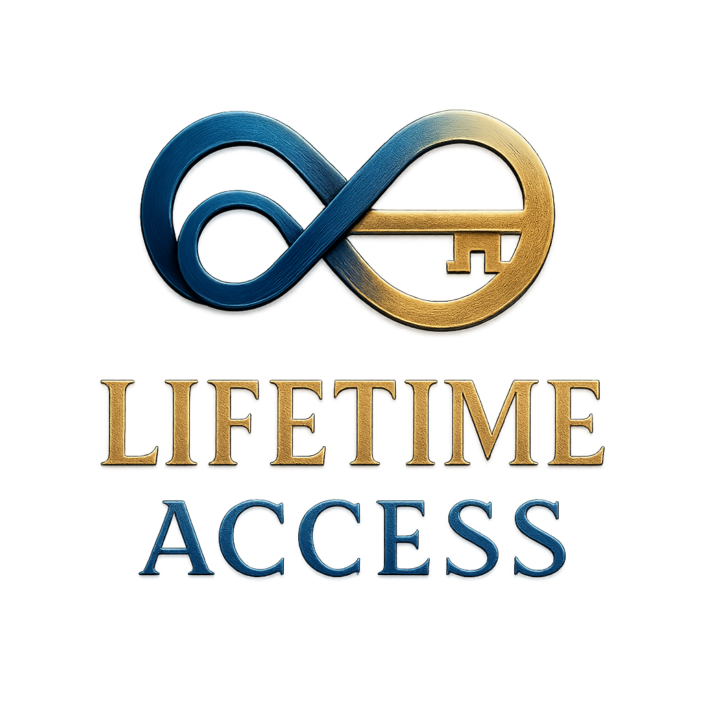 Design a sleek modern logo or badge that embodies the concept of Lifetime Access featuring a stylized infinity symbol intertwined with a key The badge-1